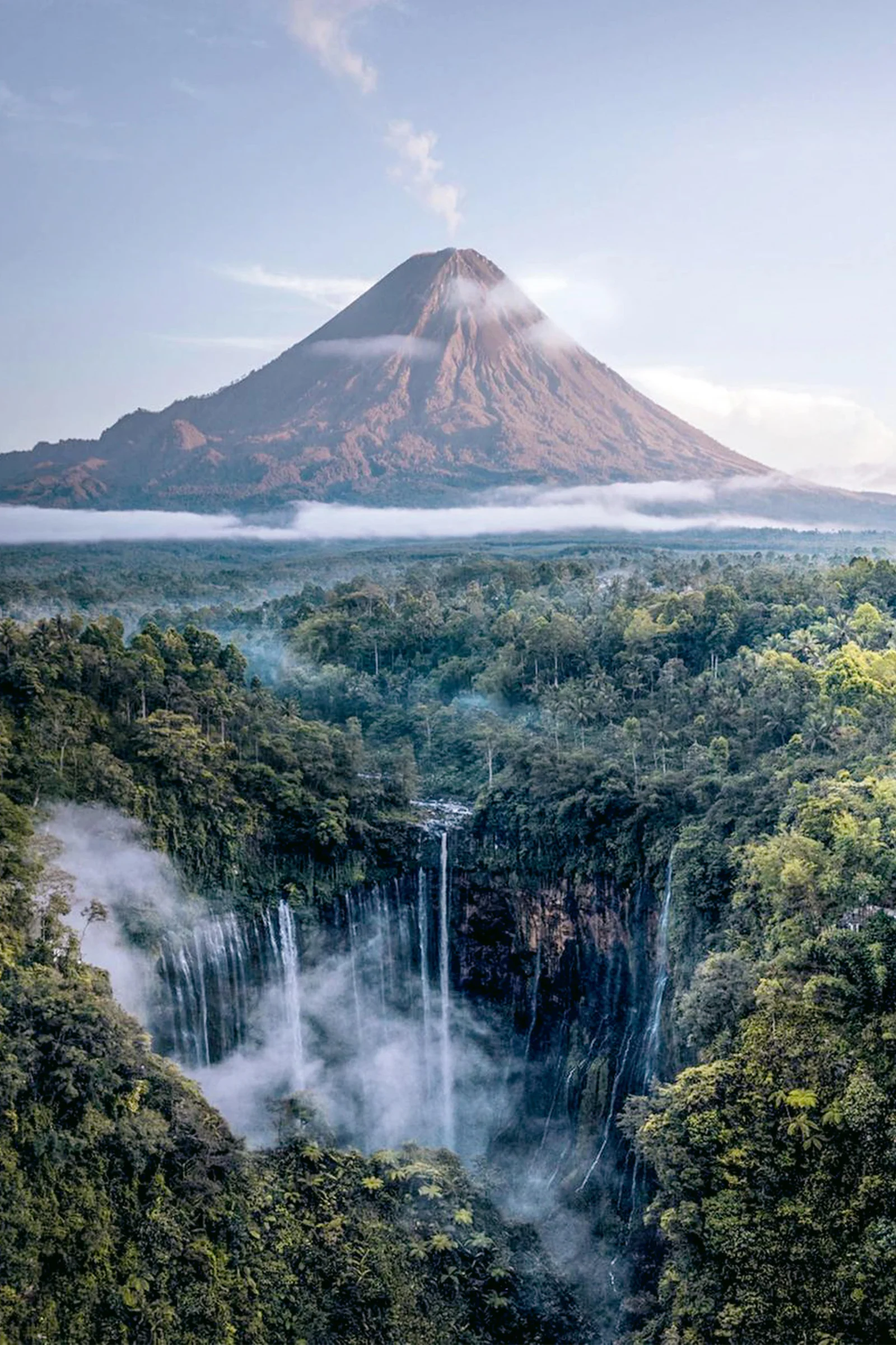 Volcano and waterfall trekking landscape